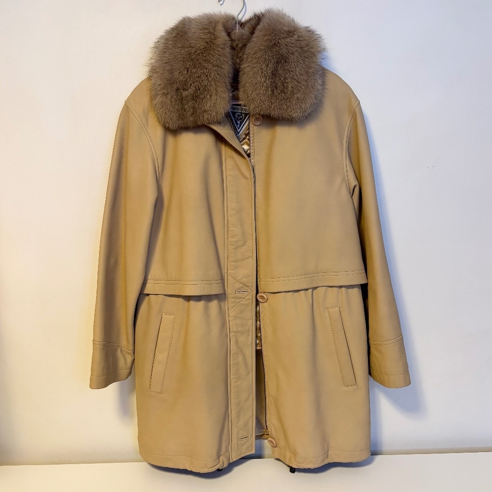 Marvin Richards Genuine Leather Fox Fur Collar Zip Parka Jacket Tan Womens Small